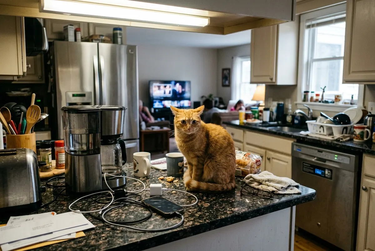 A stressed orange cat with ears pinned back sitting on a cluttered kitchen counter surrounded by modern appliances, refrig...