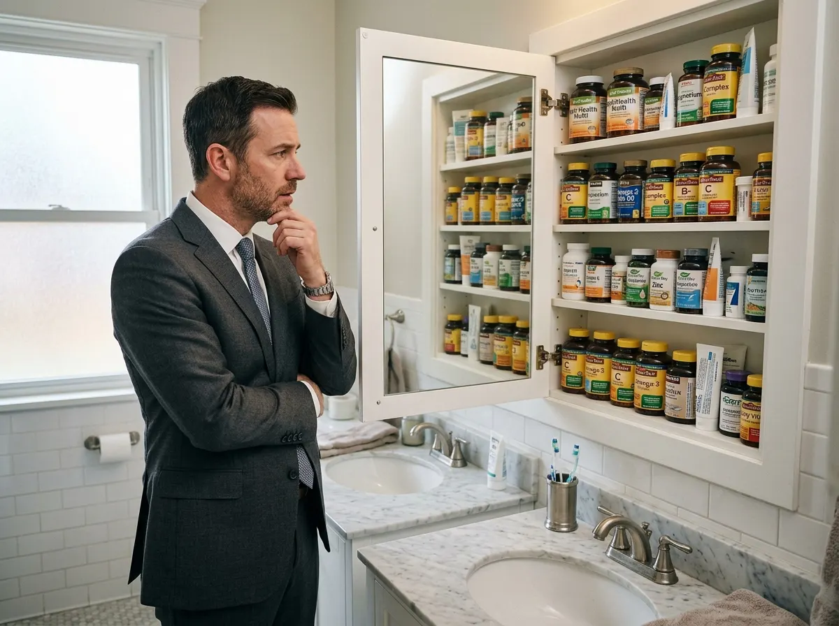 A well-dressed professional standing in front of an open bathroom cabinet filled with rows of various supplement bottles, ...