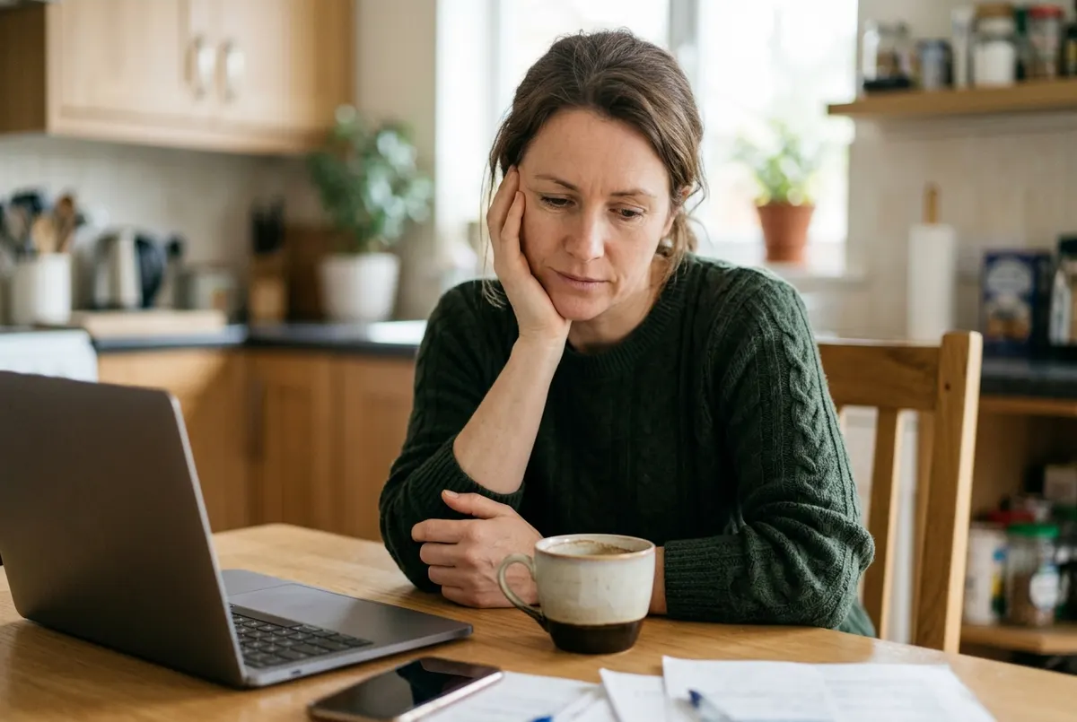 A woman in her mid-40s sitting at a kitchen table mid-afternoon, chin resting in one hand, staring at a half-empty coffee ...