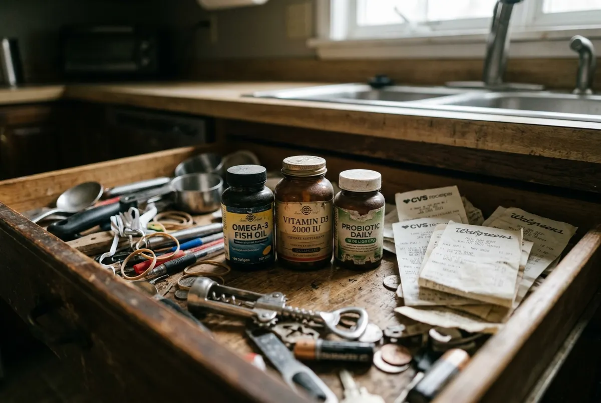 A cluttered kitchen drawer pulled open revealing three different supplement bottles with faded labels, receipts crumpled b...