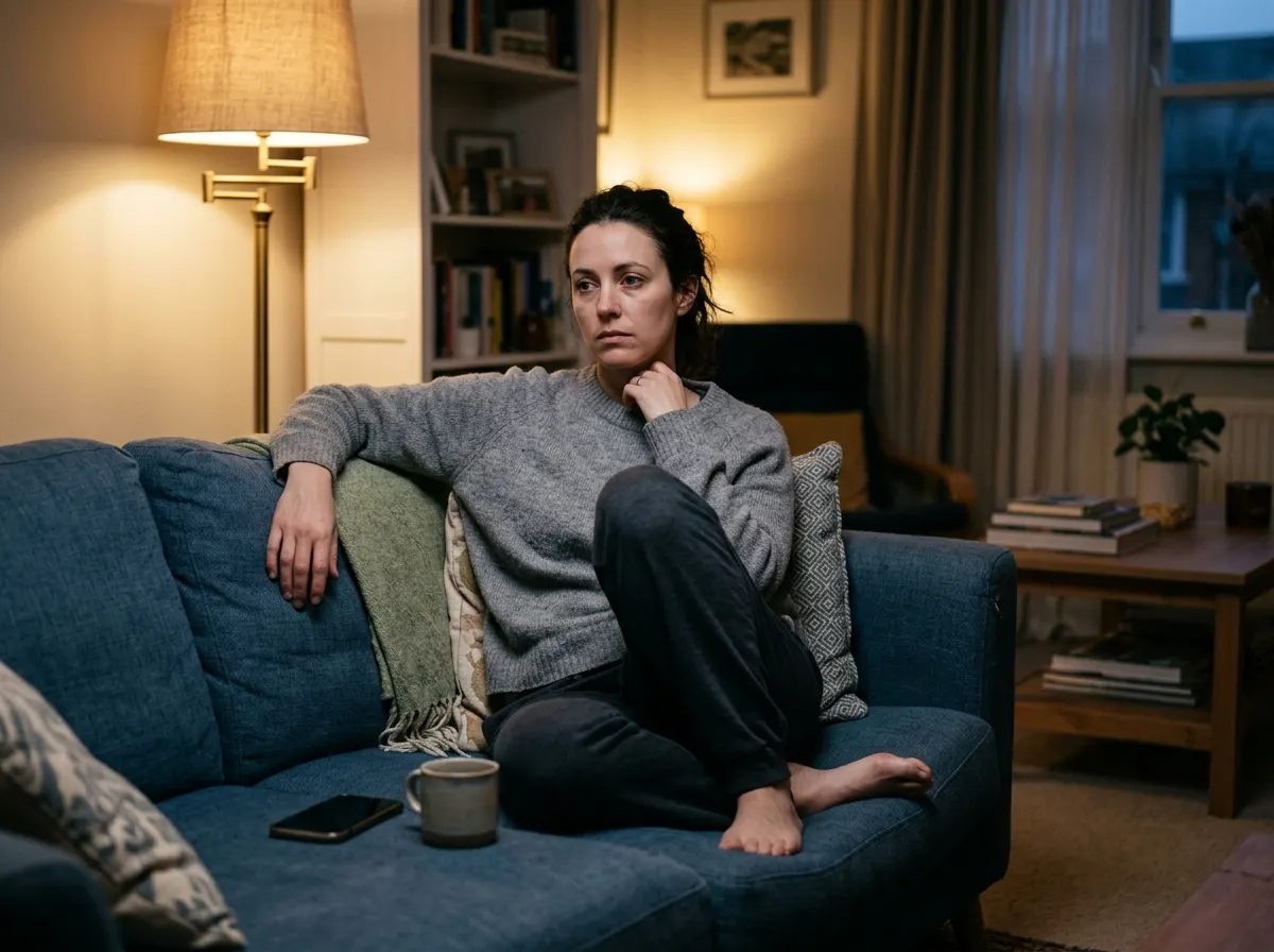 A woman in her mid-thirties sitting on her couch in the evening, slumped posture, staring blankly ahead with a distant tir...