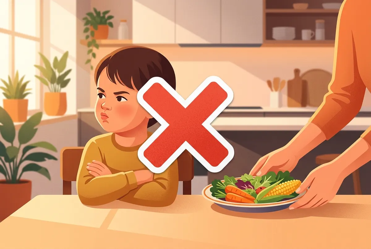 A young child aged 5 sitting at a wooden kitchen table, afternoon natural light, turned away from a colourful plate of veg...