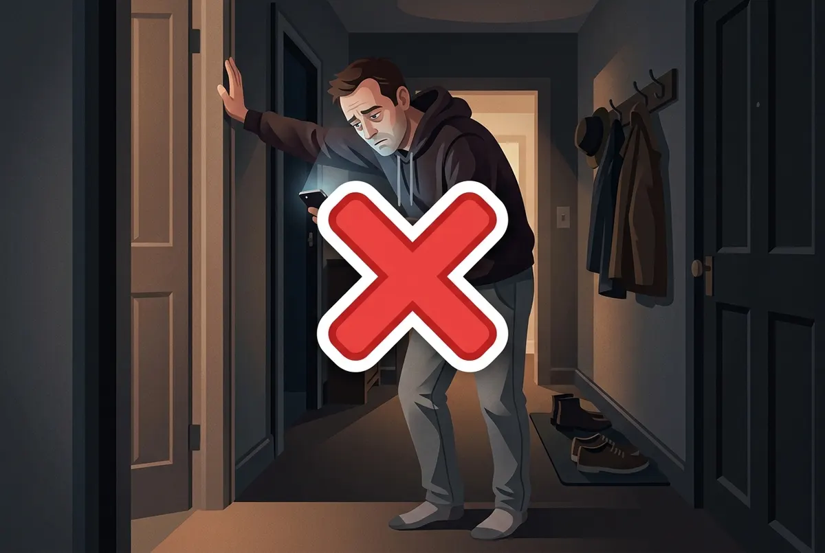 A man around 40 stands in a dim hallway staring at his phone screen, one hand braced against the doorframe, posture slumpe...