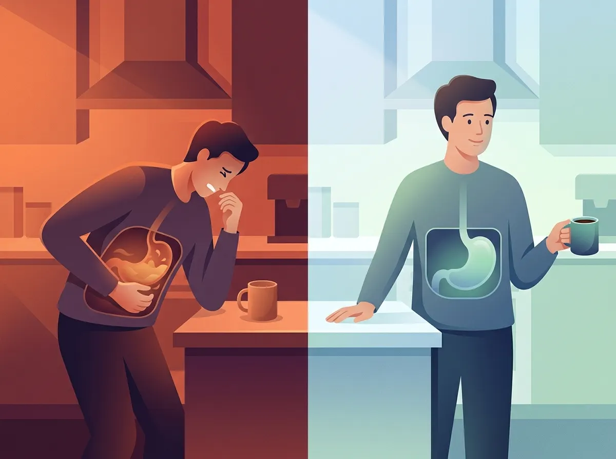 Left panel: a person hunched at a kitchen counter clutching their stomach with one hand, grimacing slightly, an empty coff...