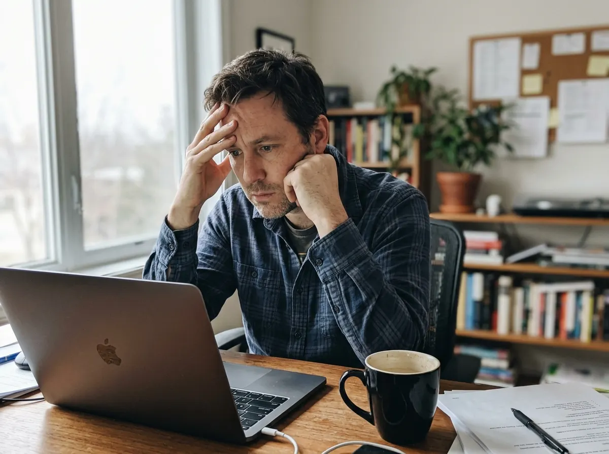 A man in his early 40s at a desk mid-afternoon, slumped posture, hand rubbing temples, staring blankly at a laptop screen,...
