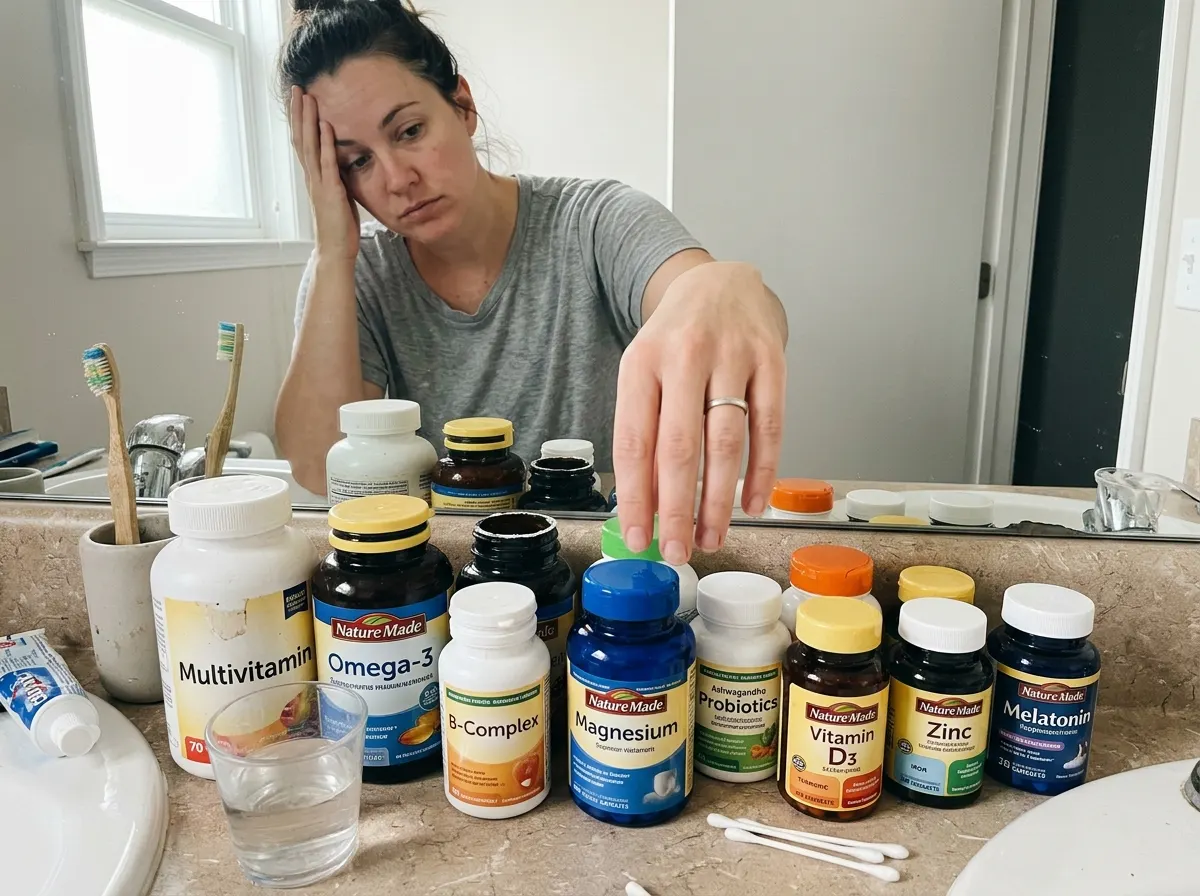 A cluttered bathroom counter top-down view, eleven supplement bottles crowded together with caps half-open, a hand reachin...