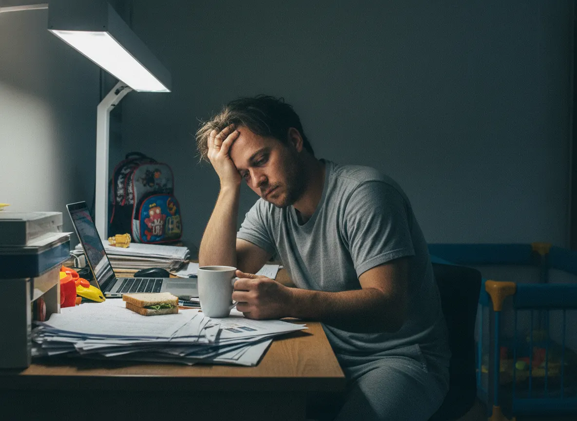 Exhausted busy parent mid-afternoon, slumped posture, empty coffee cup on desk, scattered papers, harsh fluorescent light,...