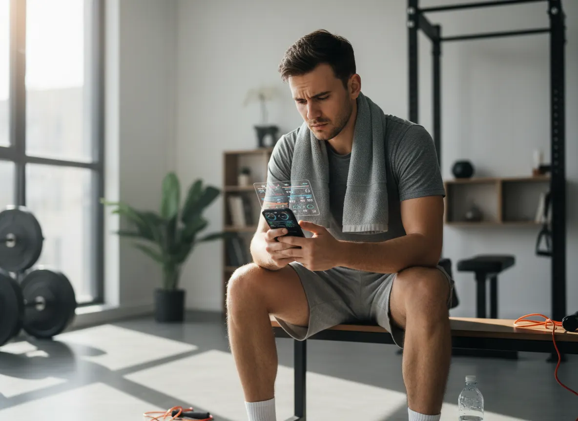 Young adult in gym clothes reviewing fitness data on phone after morning workout, looking thoughtful and slightly frustrat...