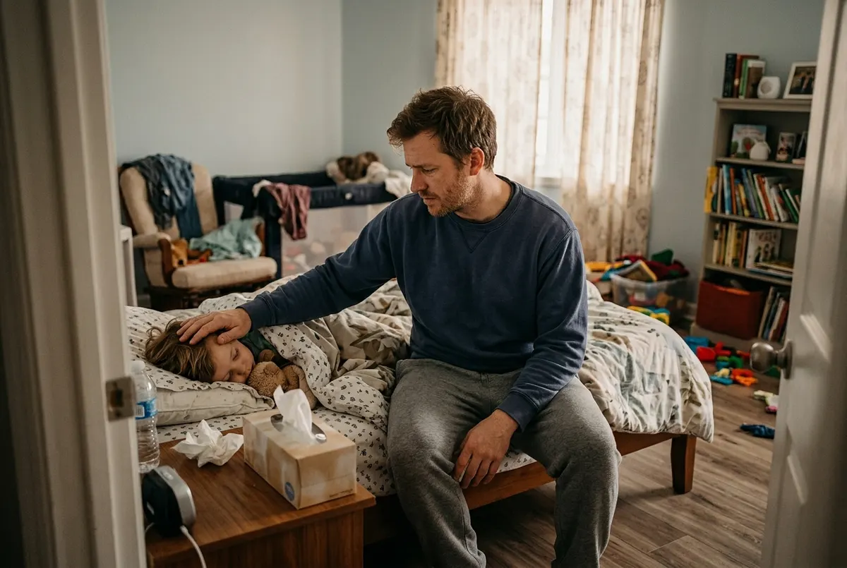 A tired-looking dad in his early 30s sitting on the edge of a child's bed in a softly-lit bedroom, gently checking his sle...