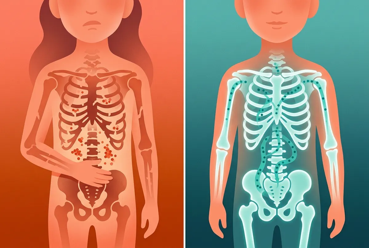 Left panel: A translucent illustrated child figure in warm coral and orange tones, shoulders slightly hunched, holding the...