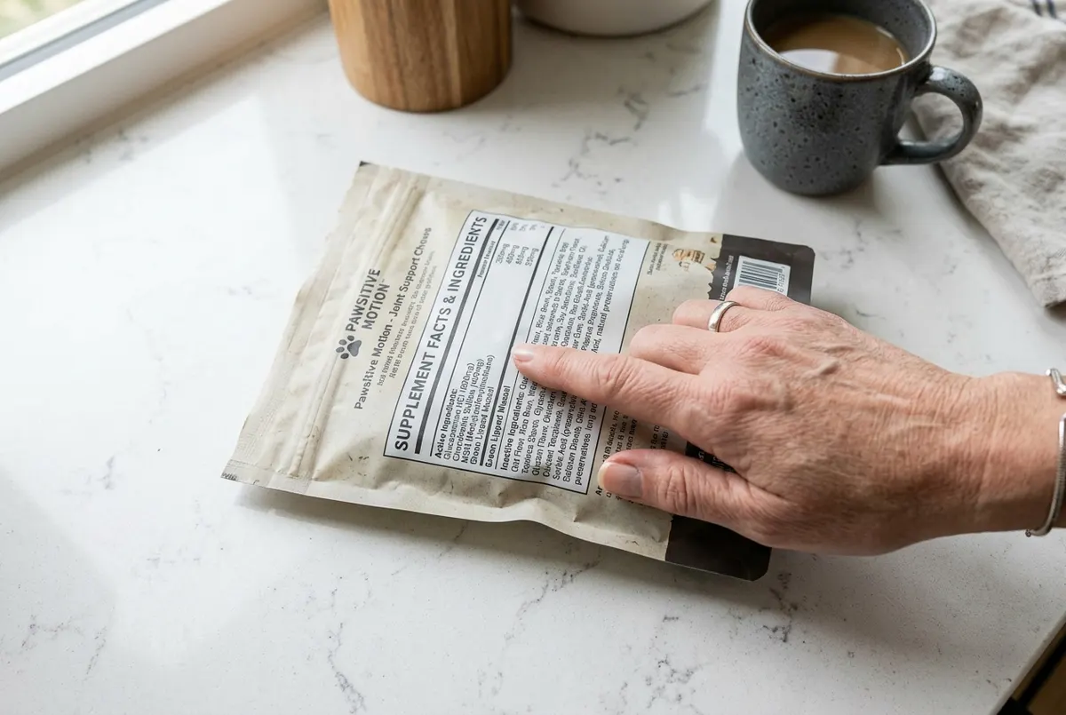 Top-down flat lay of a typical dog joint chew bag flipped to show the ingredient panel, shot on a kitchen counter with nat...