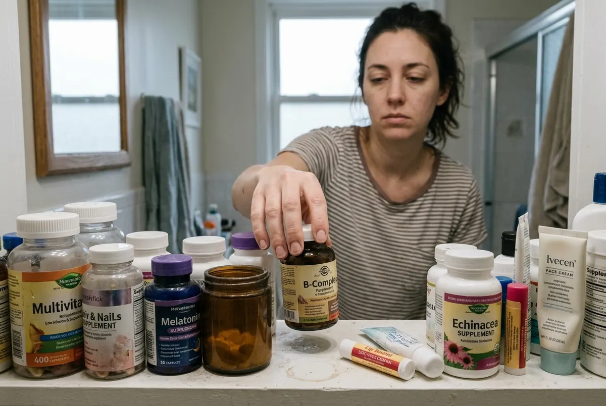 A woman's hand reaching toward a crowded bathroom shelf stacked with half-used supplement bottles and dusty jars, soft ove...