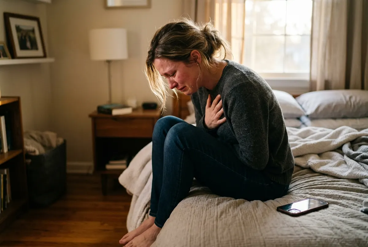 A person in their early thirties sits on the edge of a bed in late afternoon light, shoulders curled forward, one hand pre...