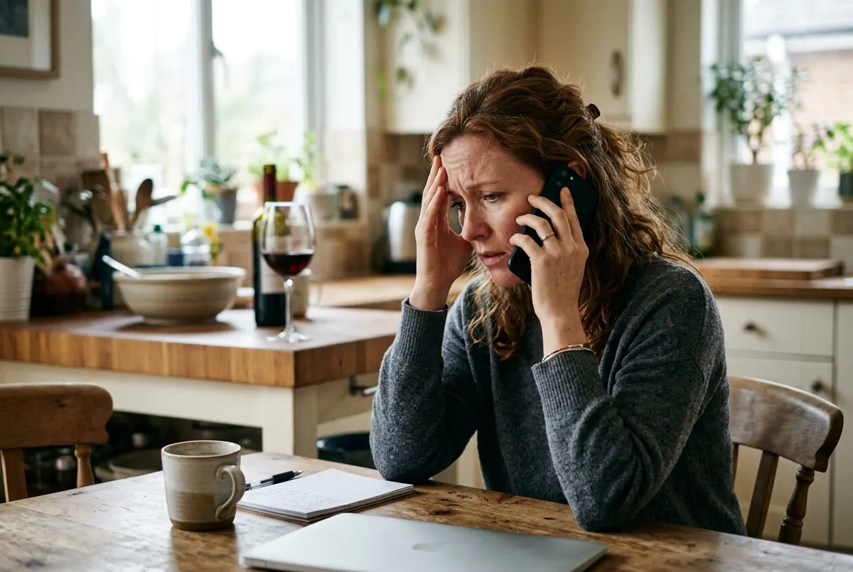 A woman in her late thirties sitting at her kitchen table holding a phone to her ear, late morning soft window light from ...