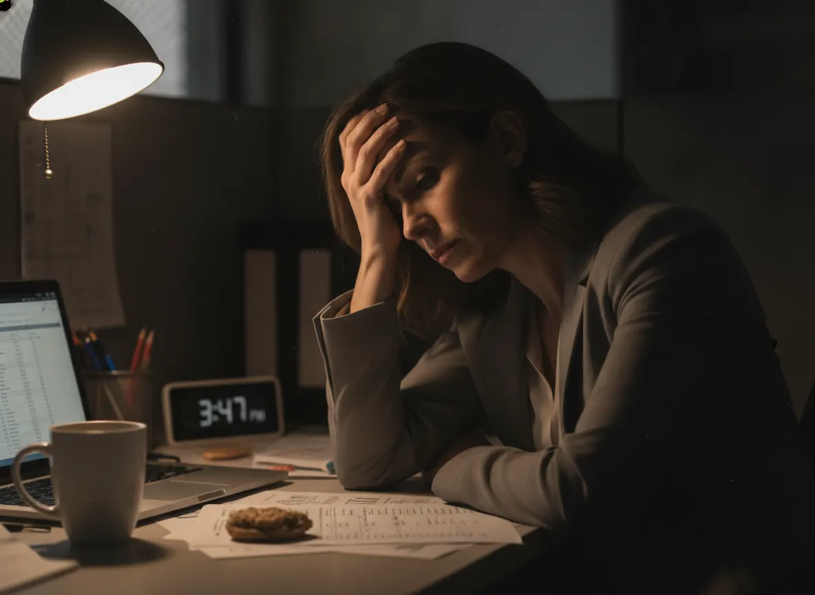 A mid-career professional (35-40) at their desk mid-afternoon, visibly fatigued with hand on forehead, dim office lighting...