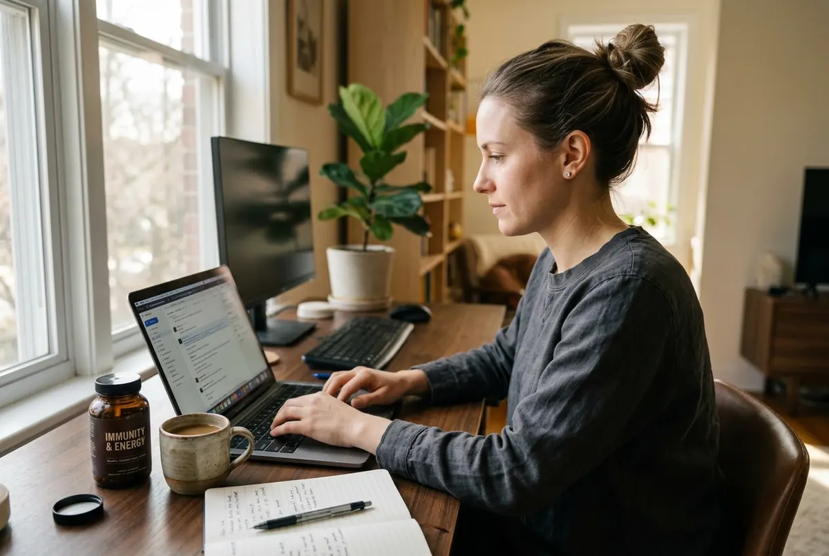 Real candid moment — someone at a desk in the morning, coffee or supplement nearby, natural light, focused and calm. Shot ...
