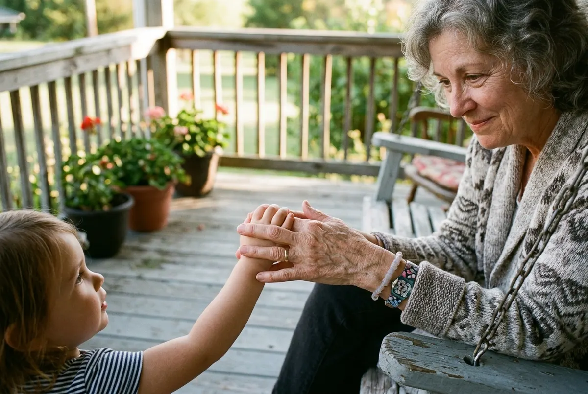 A grandmother in her mid-sixties holds her grandchild's small hand gently on a sunny porch, their fingers interlaced. The ...