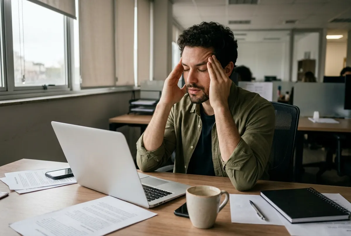 A person in business casual at a desk gripping their temples with both hands, laptop screen casting flat blue light on the...