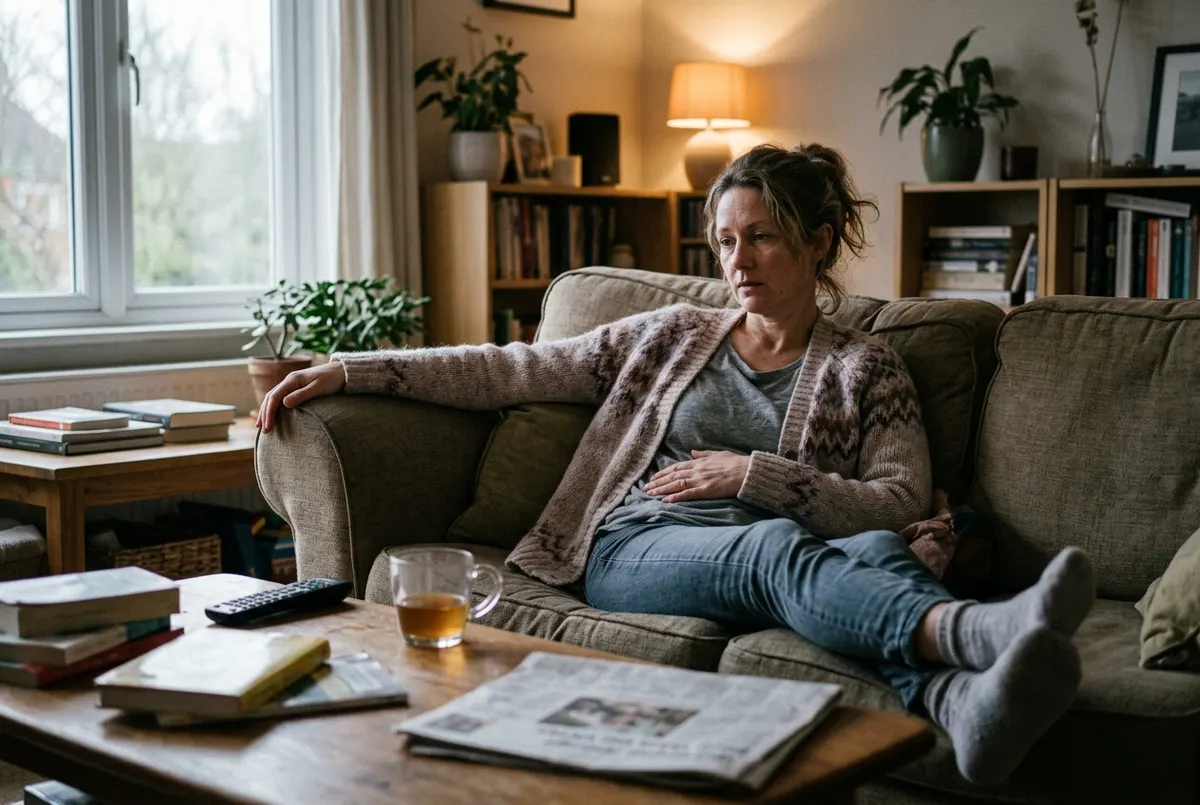 A person in their early 40s sitting on a couch after dinner, slightly slumped posture, hand on stomach, looking quietly un...