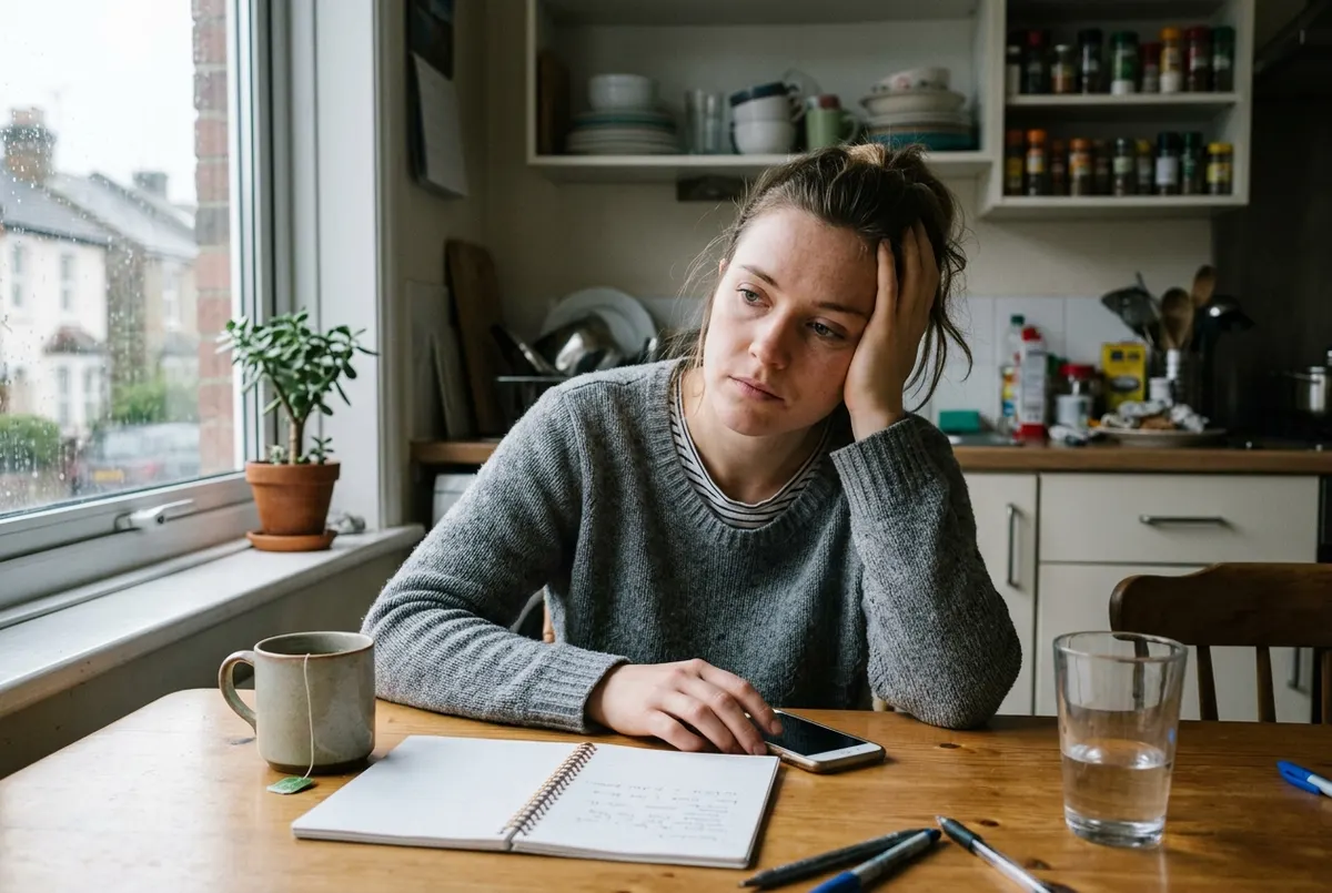 A person in their late twenties sits slumped at a kitchen table in late afternoon, head resting in one hand, phone face-do...
