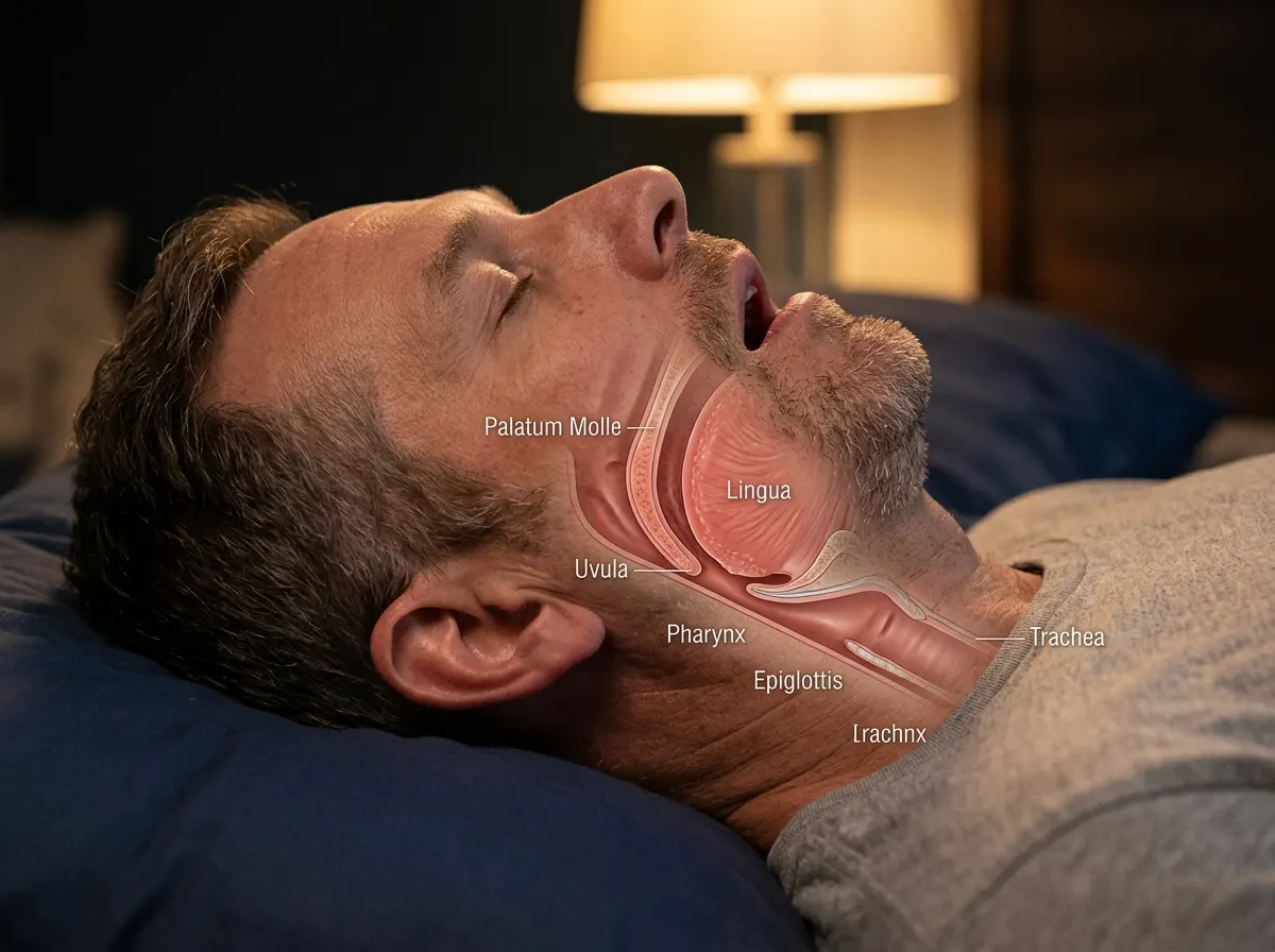 A middle-aged man sleeping with mouth open, throat tissue visible in profile, soft warm nighttime lighting, medical-educat...
