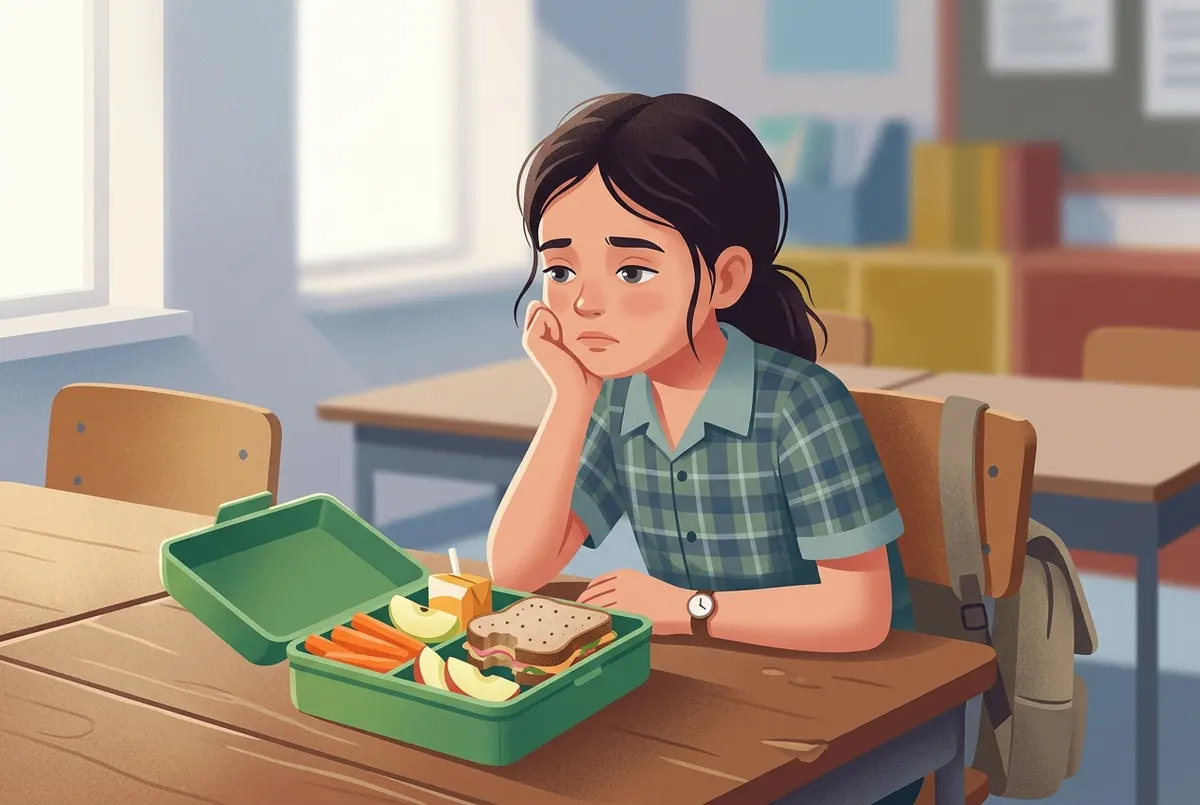 A 9-year-old girl sitting at a primary school lunch table mid-afternoon, chin resting in one hand, staring blankly at an o...