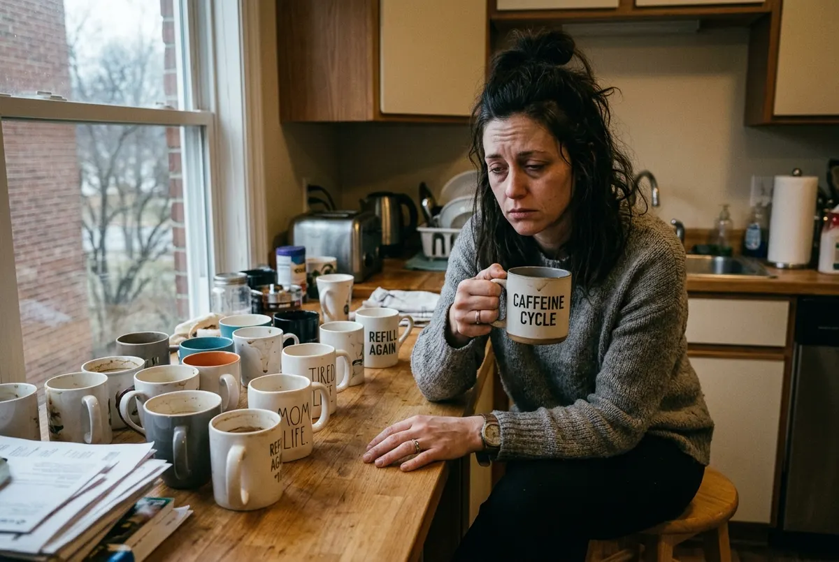 A tired parent at a kitchen counter surrounded by multiple coffee mugs in various states of emptiness, late afternoon over...