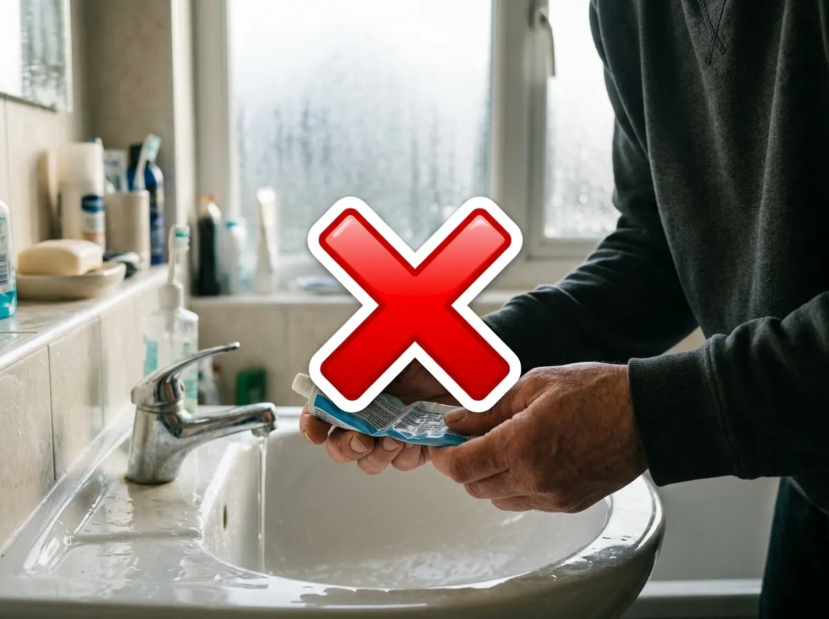 A person's hands holding a small topical cream tube over a bathroom sink, the tube nearly empty and squeezed flat, morning...