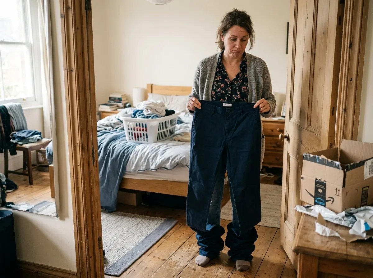 A mom standing in a bedroom doorway holding up a pair of pants fresh from a shipping box, fabric pooling awkwardly at the ...
