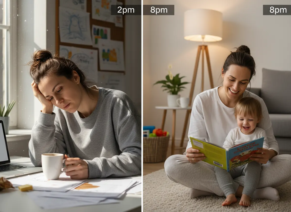Exhausted parent at 2pm desk slump with coffee cup, visible fatigue and stress, afternoon sunlight, contrasted with same p...