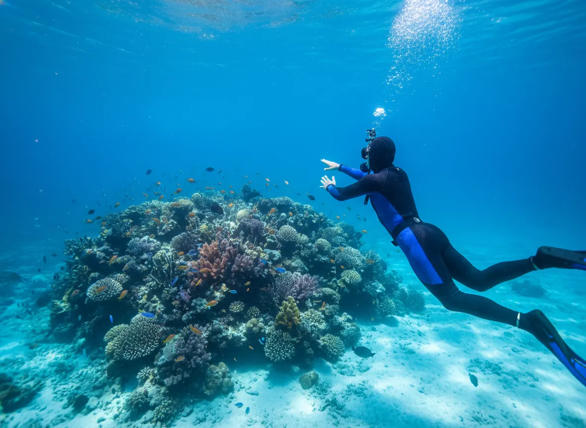 Free-diving shot from behind underwater explorer in wetsuit approaching vibrant coral reef, one hand extended naturally fr...