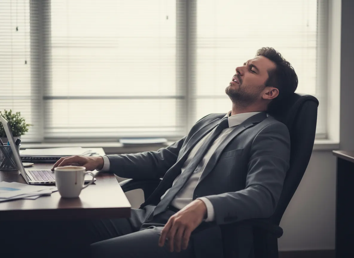 Tired professional at 3pm slumped in office chair, coffee cup beside closed laptop, muted afternoon light, expression of f...