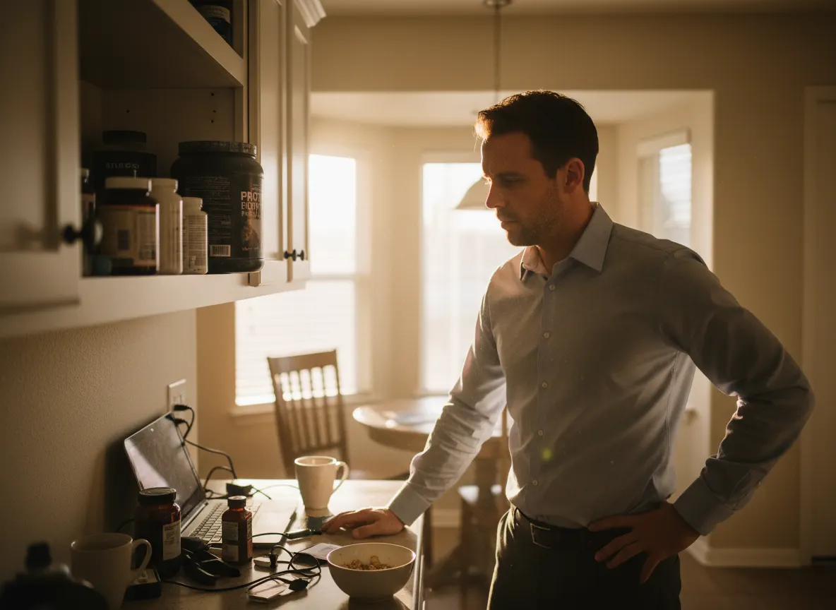 Tired professional man staring at a forgotten powder tub hidden behind other supplements on a kitchen shelf, morning sunli...