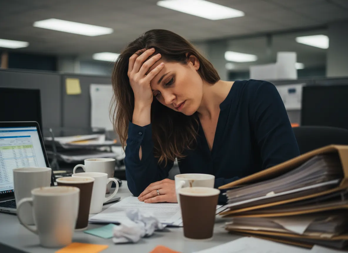 Woman in her 30s at desk looking tired and overwhelmed, multiple coffee cups scattered, hand on forehead in stress, bright...