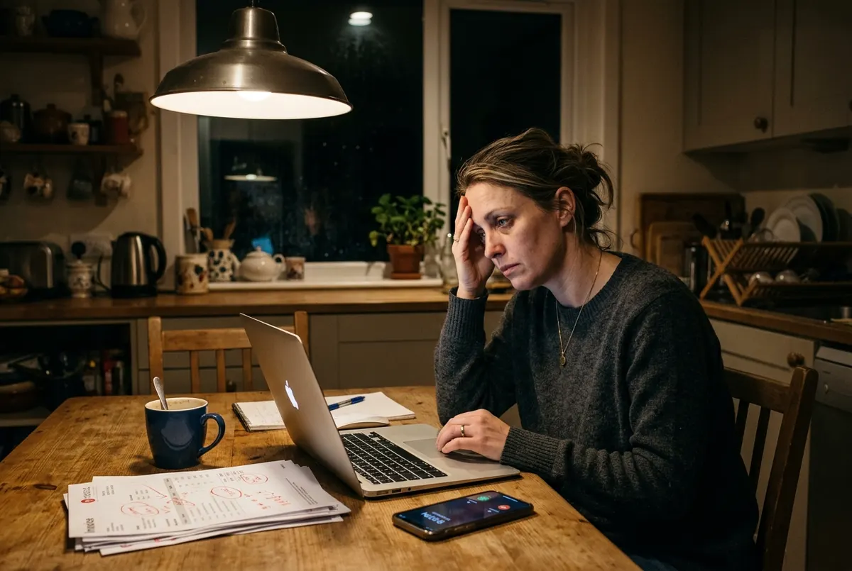 A woman in her late thirties sits alone at a small kitchen table at 9pm, laptop open, one hand rubbing her temple. A coffe...