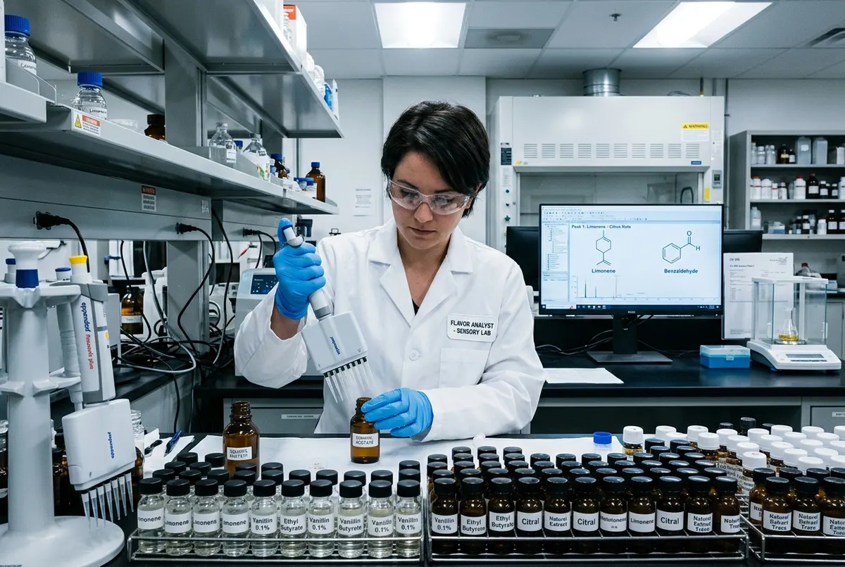 A flavor chemist's laboratory workstation with precision pipettes, small glass vials of clear liquids, and a computer scre...