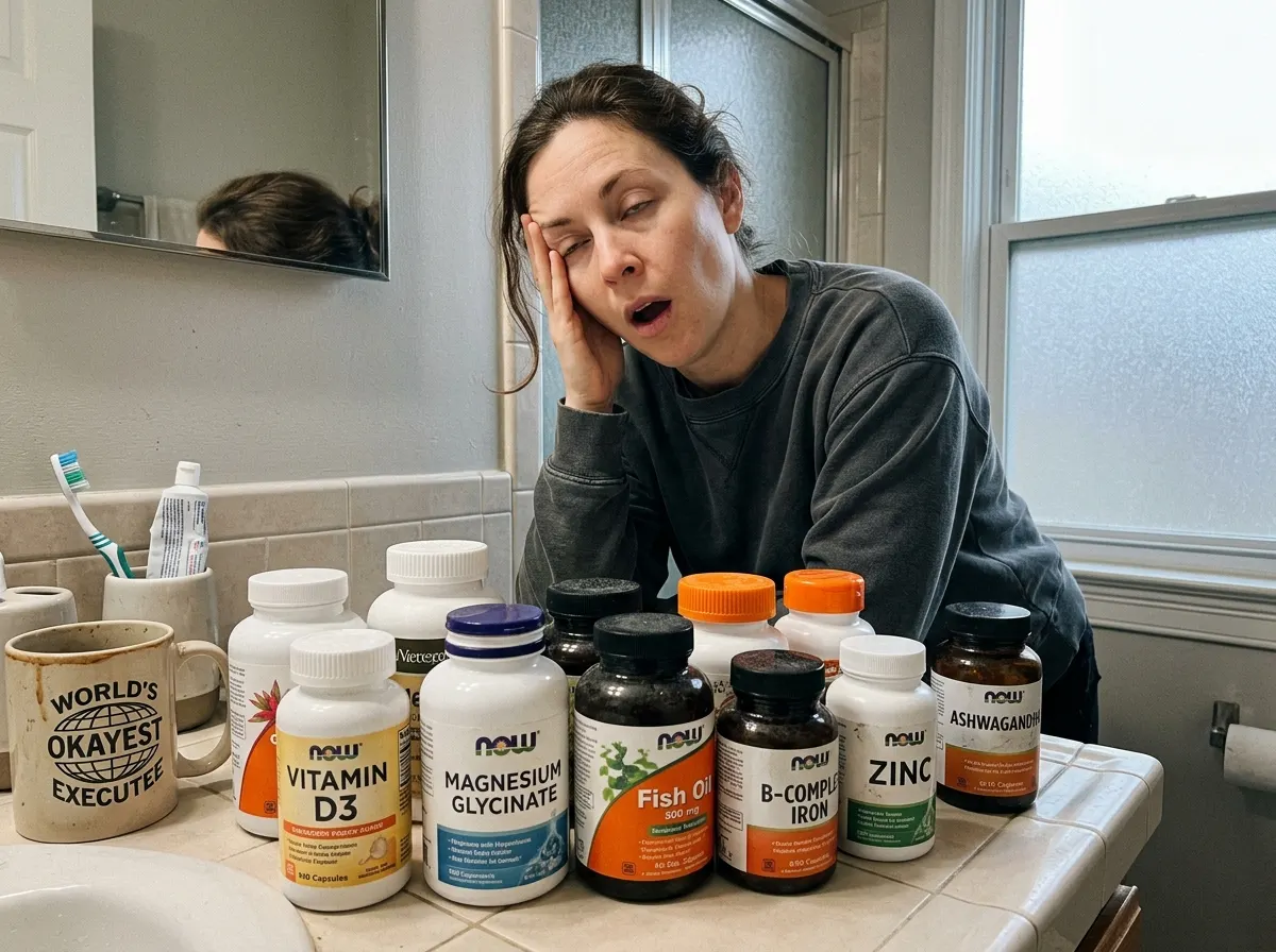 A bathroom counter cluttered with 8-10 half-empty supplement bottles of varying heights and colors, dusty caps, expired da...