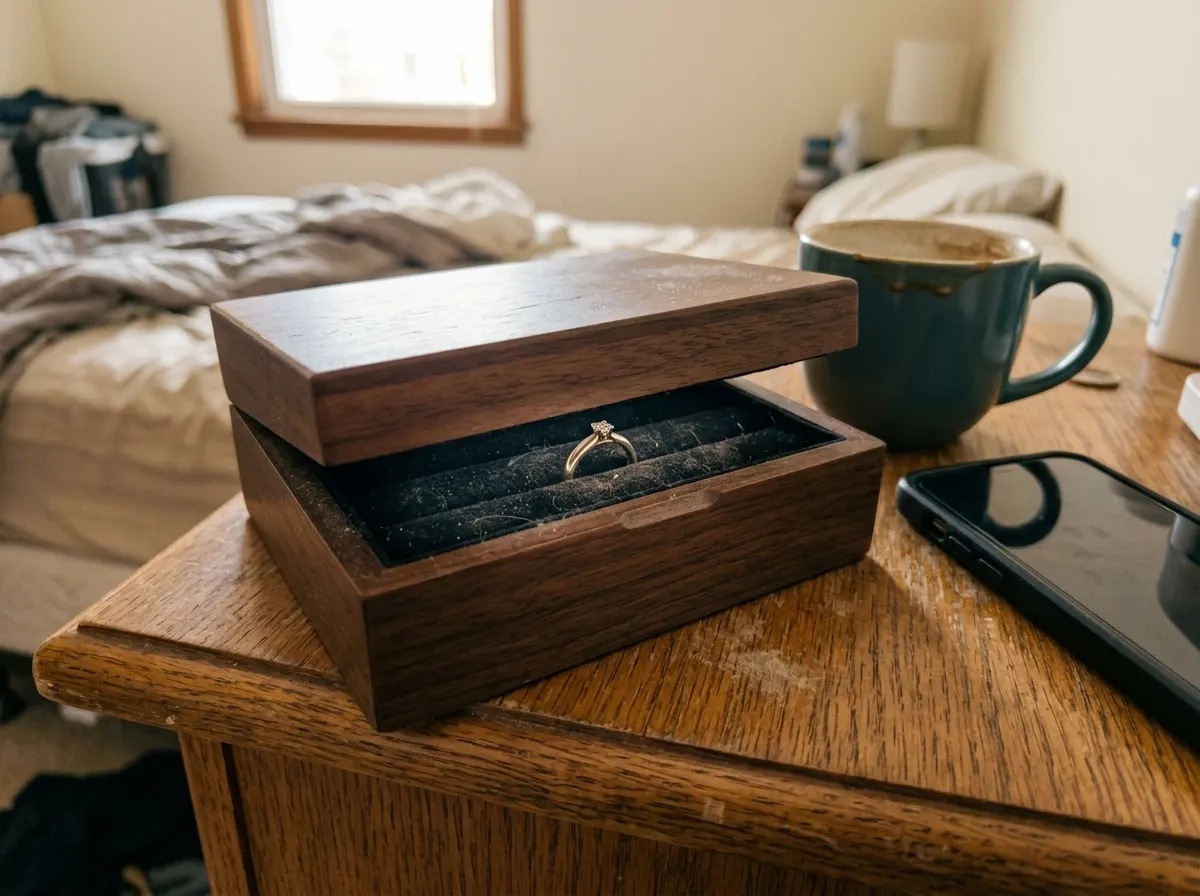 A woman's closed jewelry box on a dresser, the lid slightly ajar revealing an unworn ring inside, soft morning window ligh...