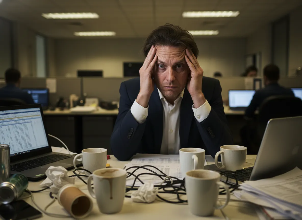 An overwhelmed professional mid-morning at a desk surrounded by half-finished coffee cups, rubbing their temples in frustr...