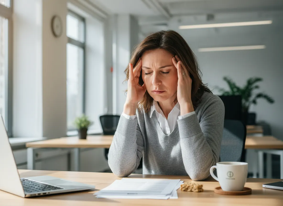 A health-conscious coffee drinker (35–50, seated at a desk mid-morning) clutching their head in frustration, empty coffee ...