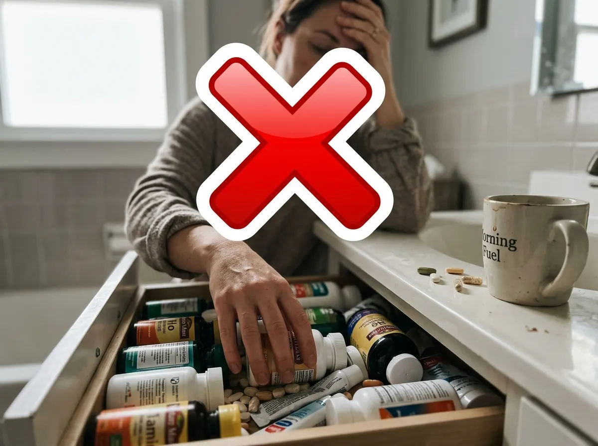 A tired woman's hand reaching into an overflowing bathroom drawer crammed with supplement bottles, pills scattered on the ...