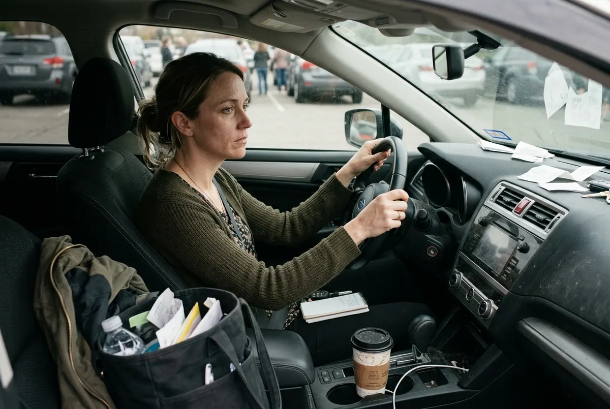 A woman in her late thirties sitting in her car at pickup, hands gripping the steering wheel, staring blankly ahead throug...