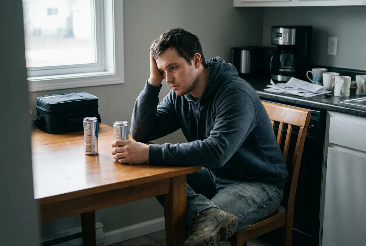 A man in his late twenties sits slumped at a kitchen table mid-afternoon, staring blankly at an empty energy drink can bes...