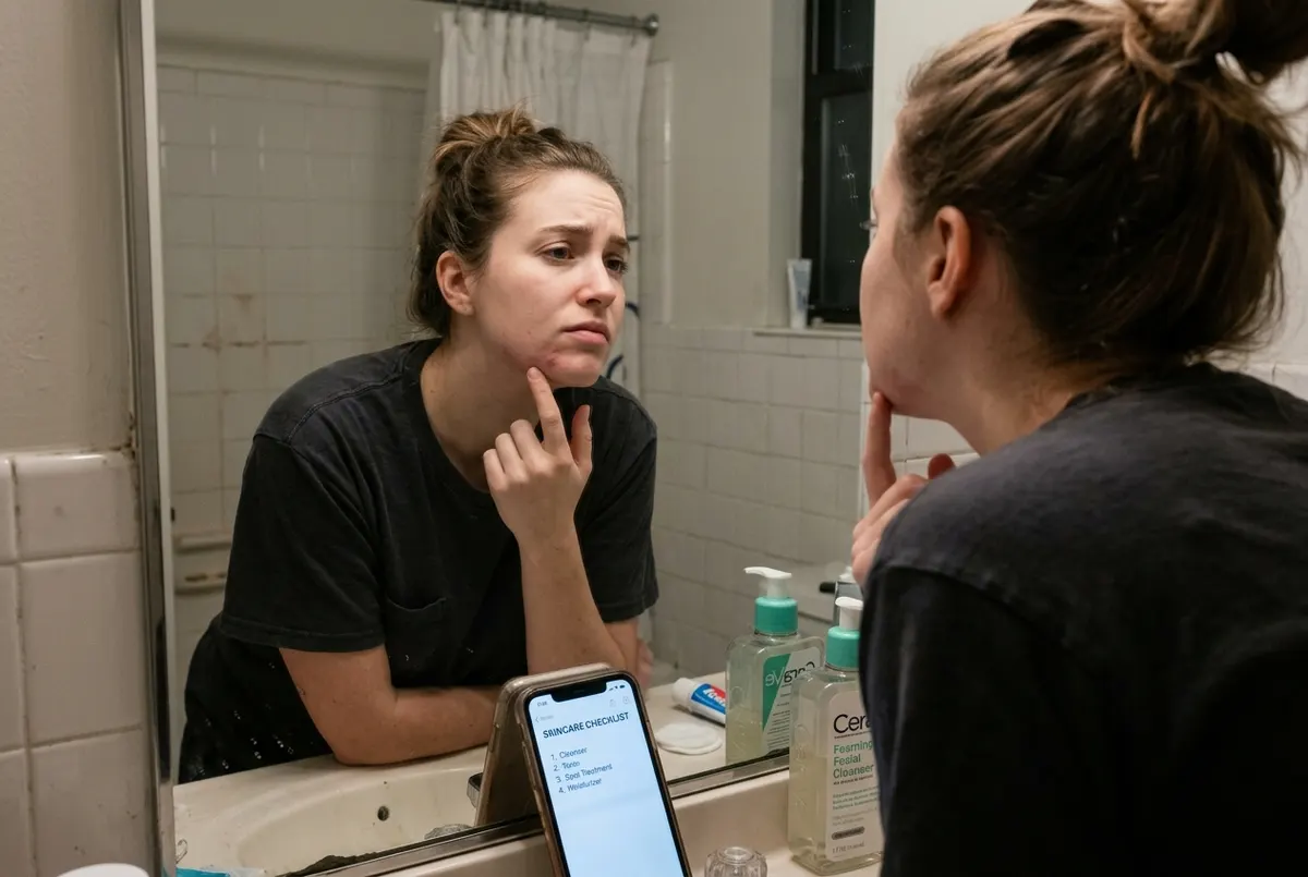 A young woman leaning close to a bathroom mirror at night, one hand tracing the same spot on her jaw where a recurring bre...