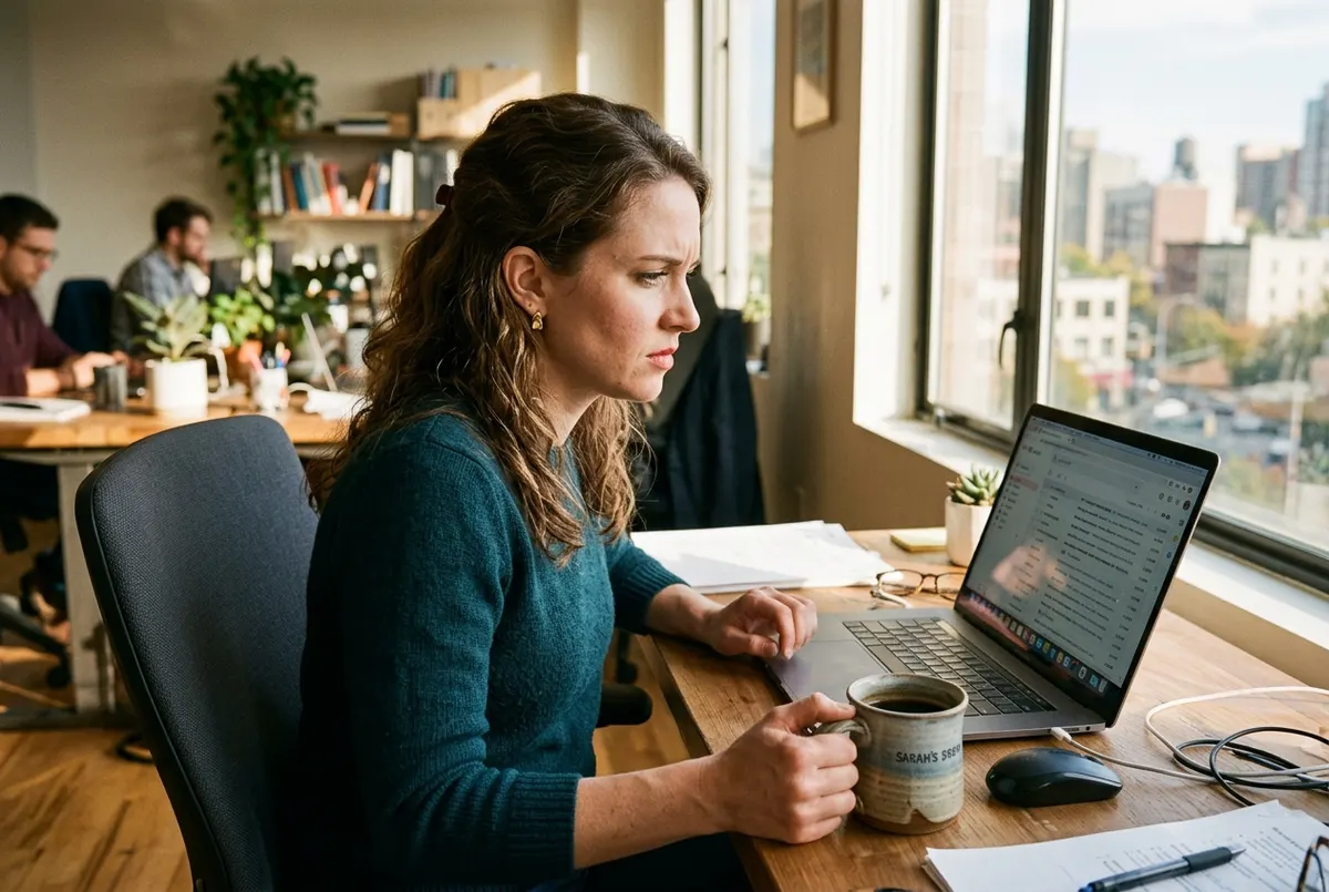 A woman at 3PM staring at her laptop screen with a slightly tense expression, coffee mug in hand, inbox visible on screen,...