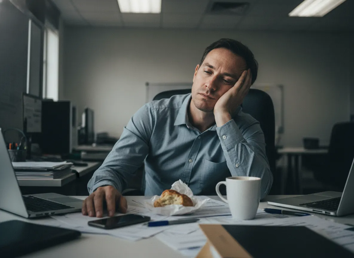 Tired professional at desk mid-morning, slumped posture, empty coffee cup nearby, unfocused expression, dim indoor lightin...