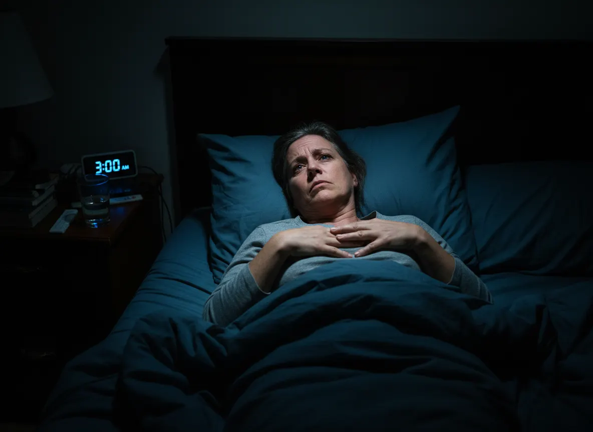 Exhausted middle-aged adult at 3 AM lying awake in dimly lit bedroom, staring at ceiling with frustration, blue-tinted har...