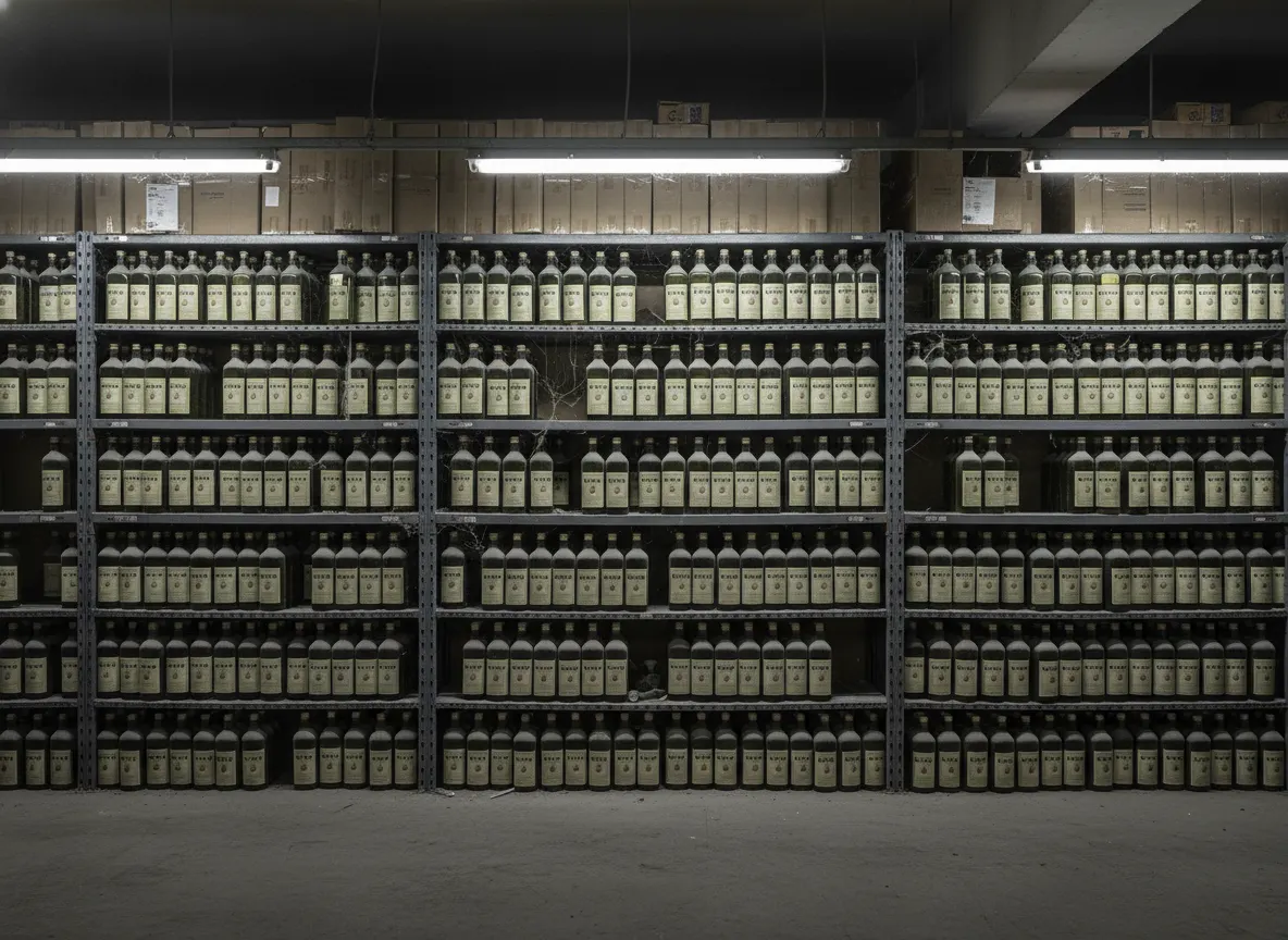 Dimly lit warehouse shelf with countless generic olive oil bottles stacked in rows, dust particles visible in harsh fluore...
