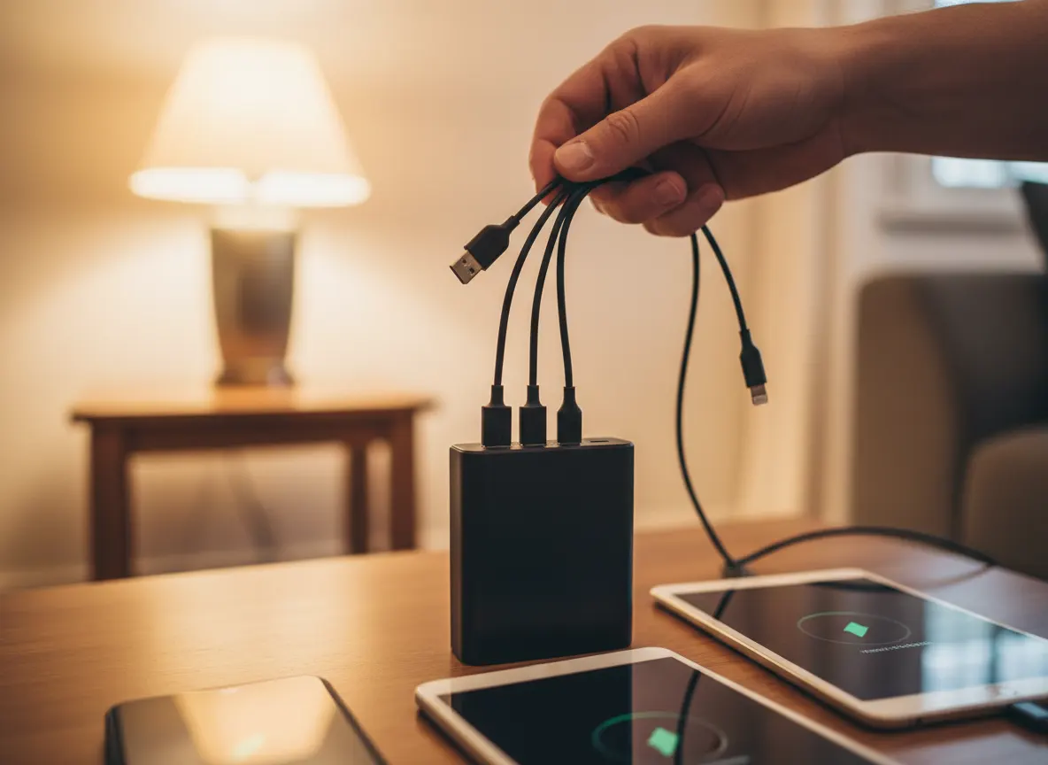 Close-up of frustrated hand holding three different USB cables above a standard power bank with three ports, devices visib...