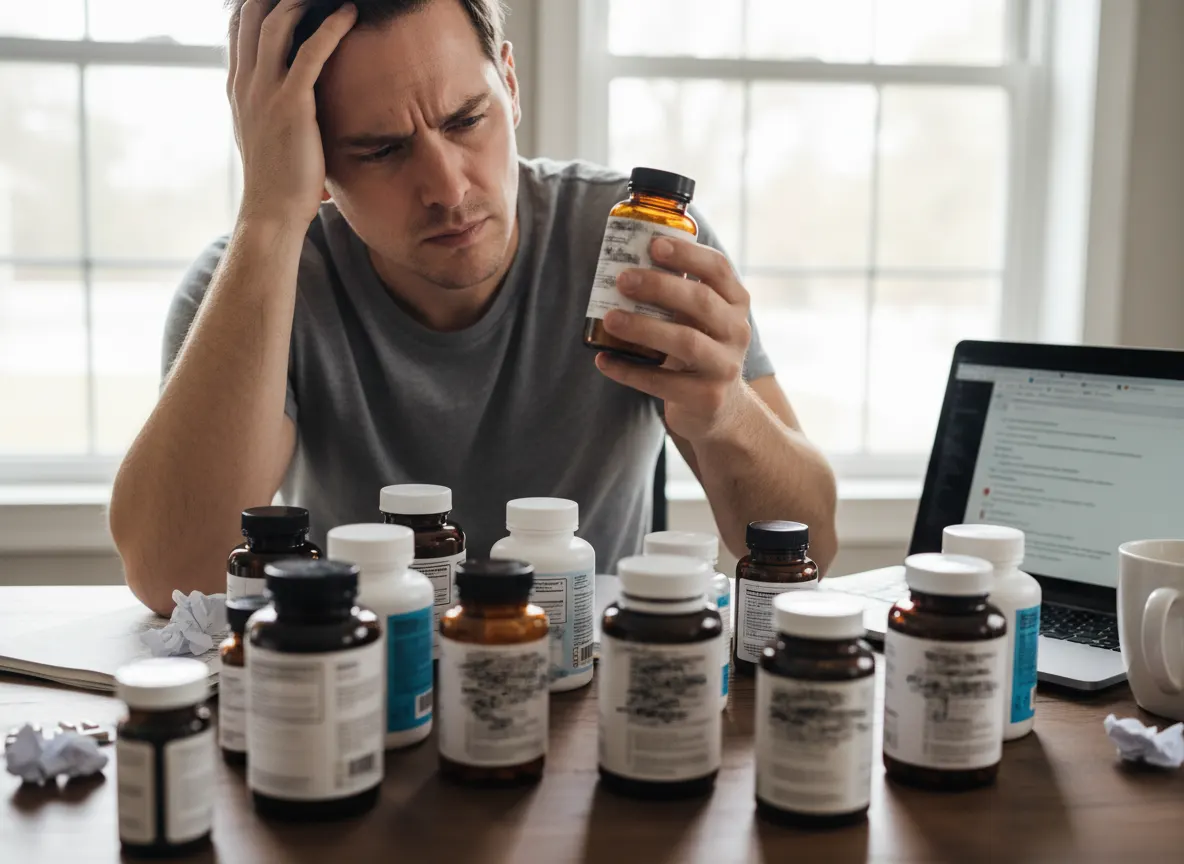 Tired health-conscious adult at desk surrounded by multiple supplement bottles with illegible labels, squinting at fine pr...